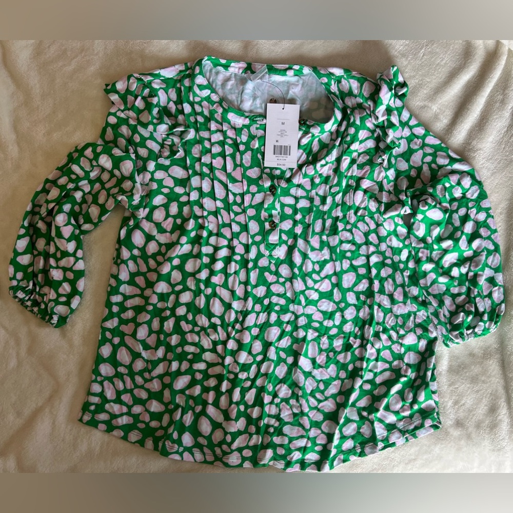 BNWT Crown & Ivy Blouse.  Size: Medium Color is Green, white and pink.
